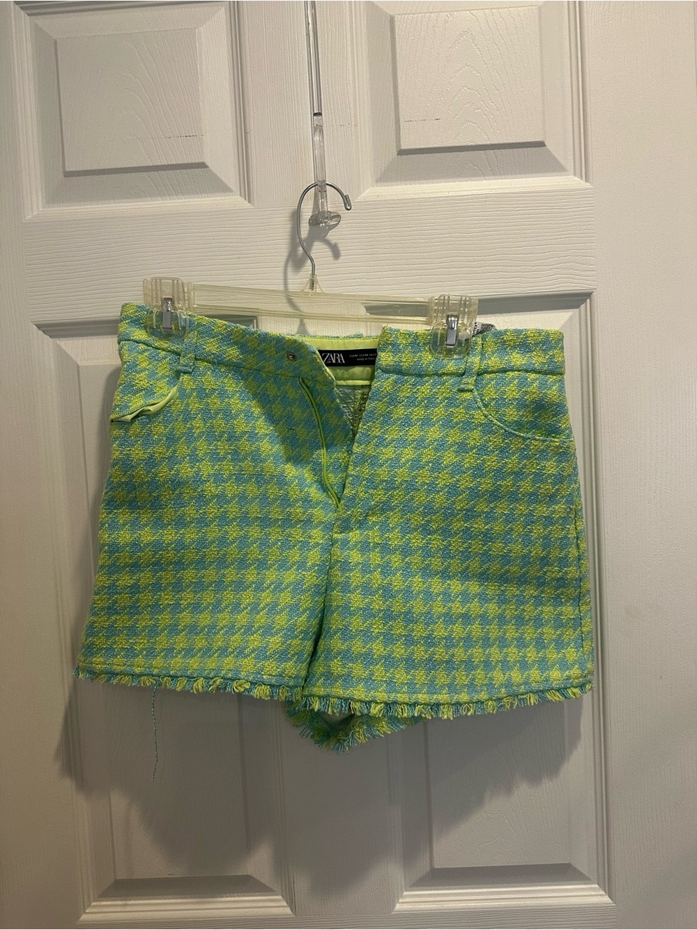 Zara Yellow-Green Houndstooth High-Waist Shorts